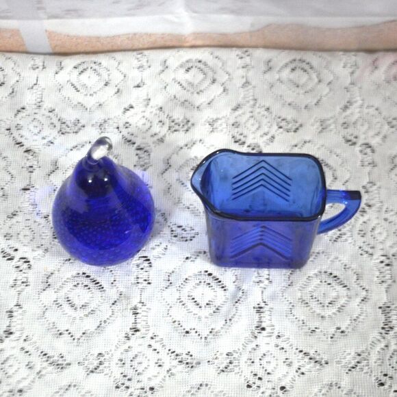 Cobalt Blue Art Glass Pear Paperweight & Hazel Atlas Cobalt Blue Chevron Creamer - Picture 5 of 5